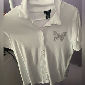 White polo with diamond butterfly